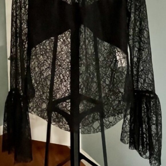 ZARA NWOT Black Lace Bohemian Sheer Flare Long Sleeve High Neck Top Size Medium - Picture 8 of 14